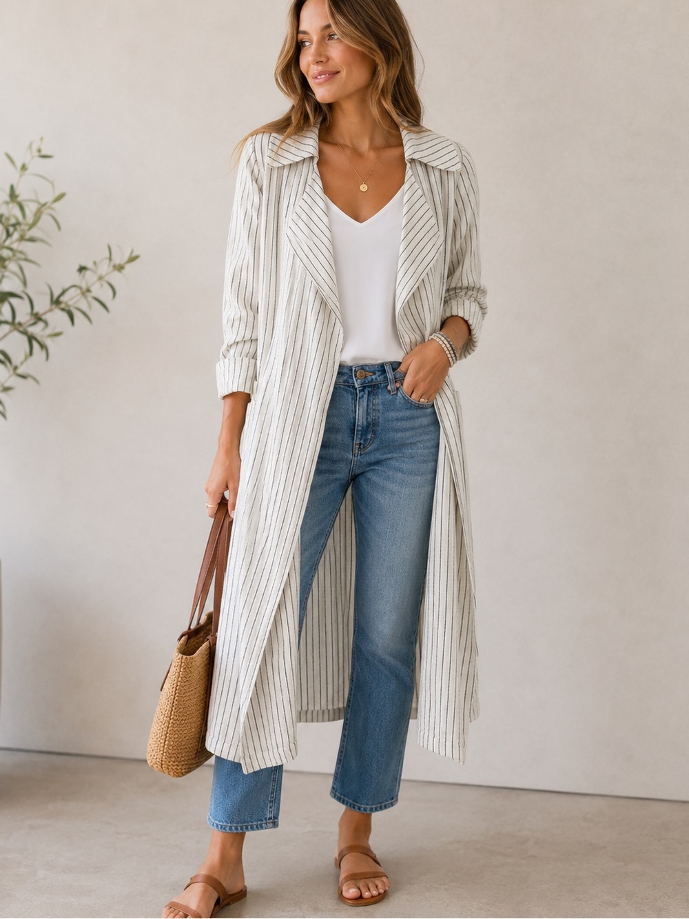 Rachel Zoe Cream Duster with Black Pinstripes